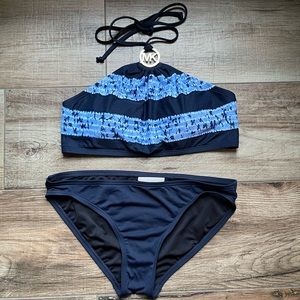 Michael Kors Halter Logo striped tie dye Bikini Swimsuit size small Navy